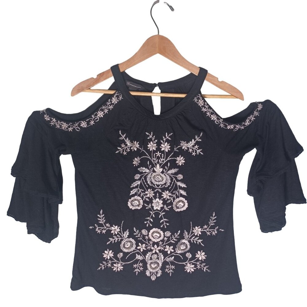 INC Boho Top Womens Small Embroidered Floral Cold Shoulder Beaded Peasant